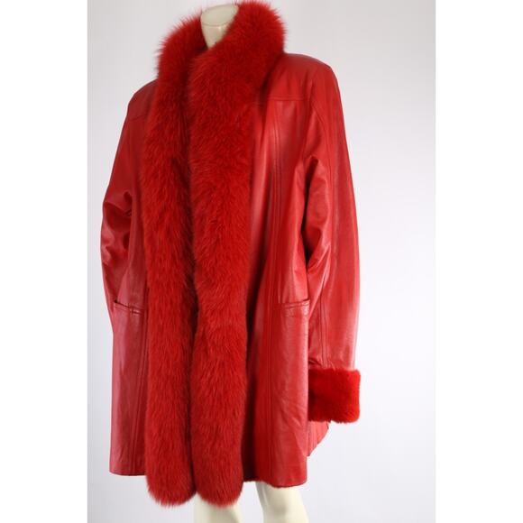 Vintage Red Leather Reversible Coat Fox Fur Collar Size M Luxury Retro Winter - Picture 9 of 16